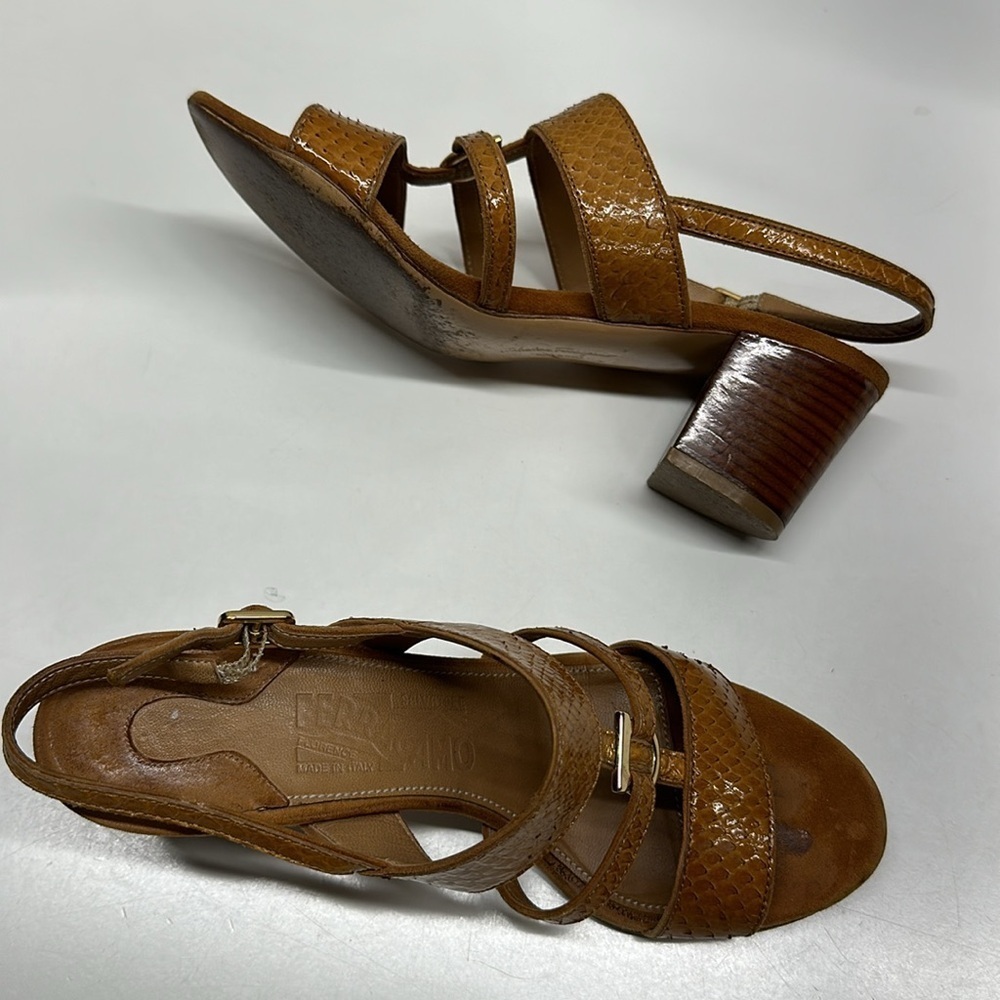 Ferragamo Sandals Shoes High Heel Open Toe Ankle Strap Cognac Brown Size 6 B - Picture 5 of 13